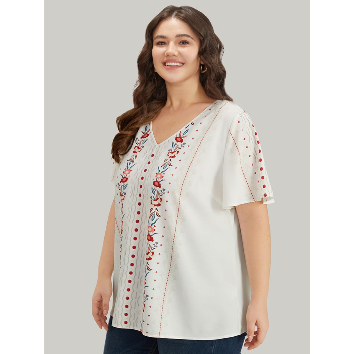 Plus Size White Bandana Print V Neck Flutter Sleeve Blouse Women Vacation Short sleeve V-neck Dailywear Blouses BloomChic 18-20/2X Product Image