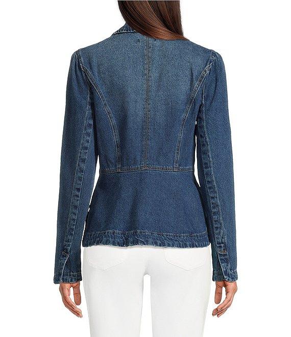 Democracy Point Collar Long Sleeve Peplum Denim Jacket Product Image