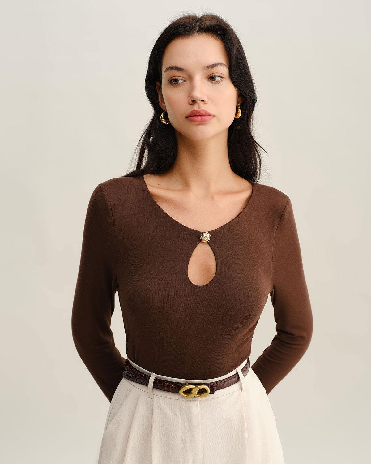 Brown Round Neck Slim Knit Tee Product Image