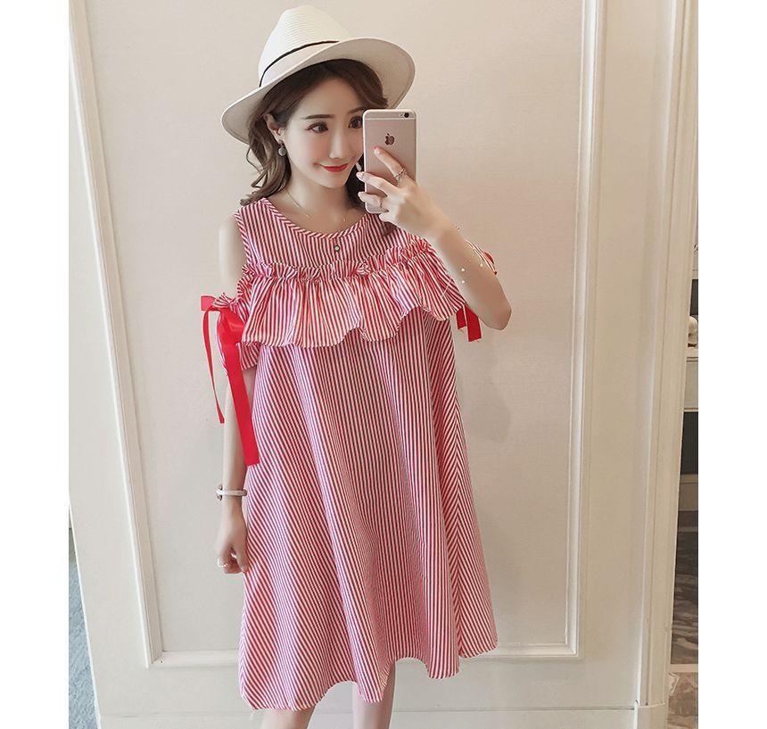 Maternity Short-Sleeve Round Neck Cold Shoulder Striped A-Line Dress Product Image