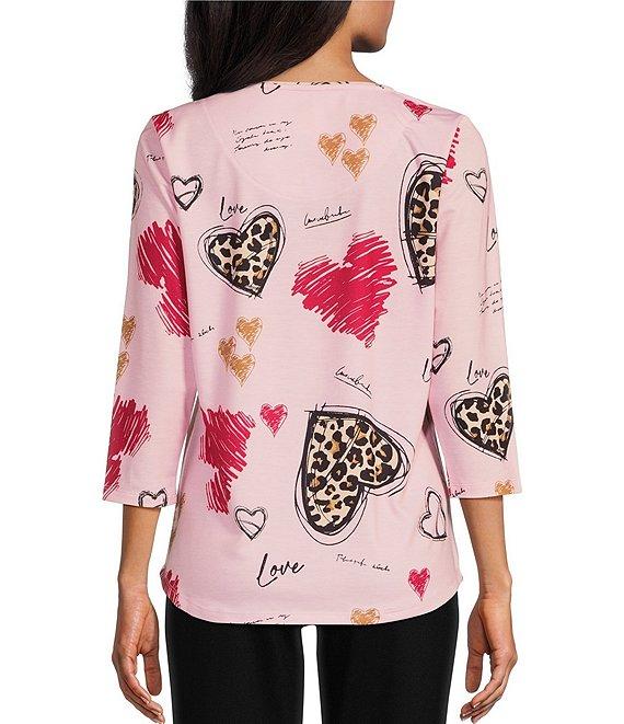 Allison Daley Leopard Hearts Print 3/4 Sleeve Crew Neck Knit Top Product Image