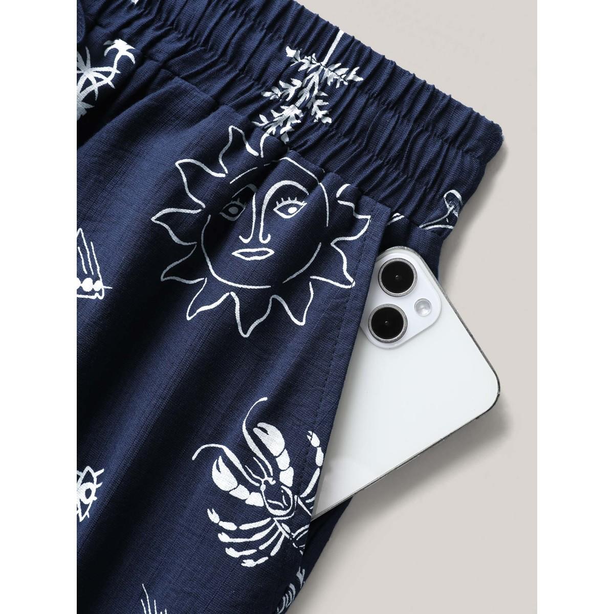 Plus Size Marine Print Flowy Wide-Leg Pants Women Indigo Resort Wide Leg Mid Rise Vacation Pants BloomChic 14-16/1X Product Image