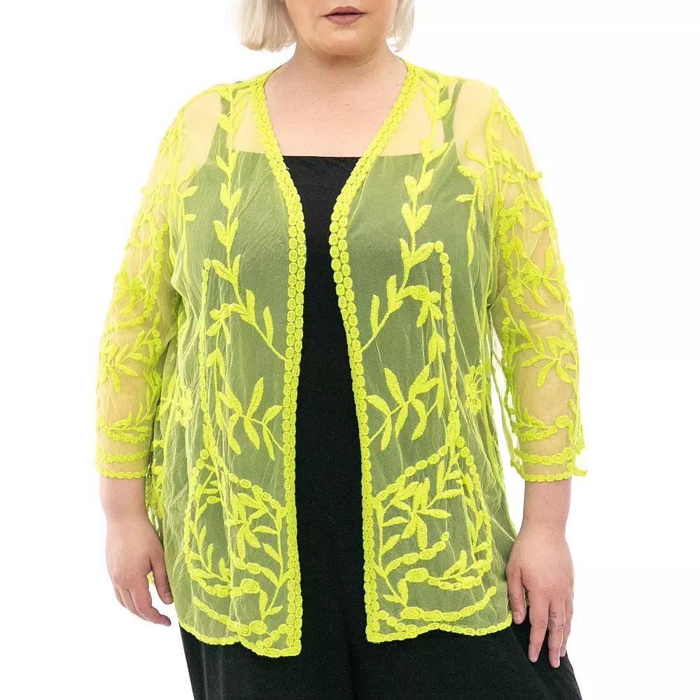 Plus Size Nina Leonard Embroidered Mesh Floral Bolero, Women's, Size: 2XL, Bright Green Product Image
