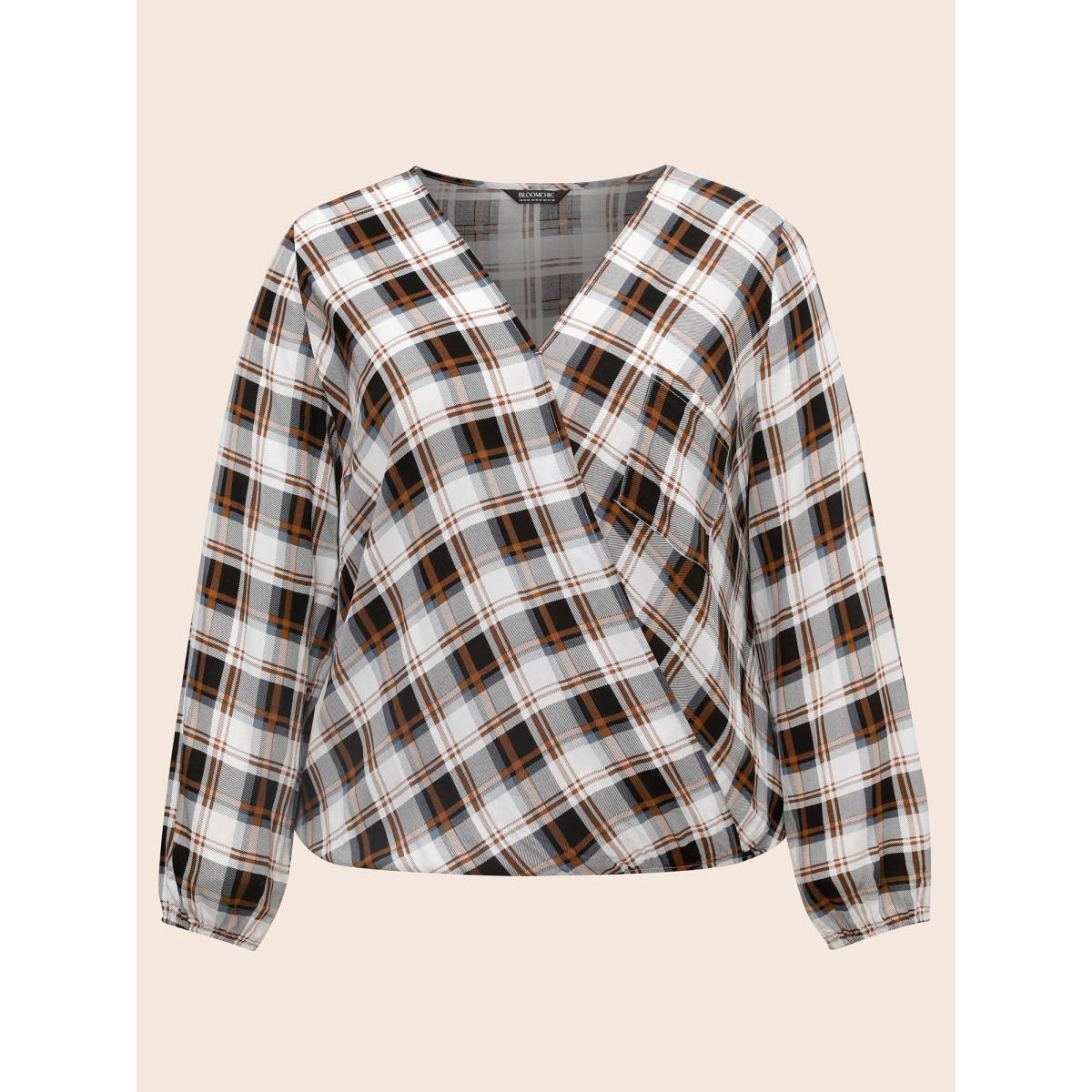 Plus Size Browncoffeecolor Plaid Overlap Collar Patch Pocket Blouse Women Casual Three Quarter Length Sleeve Overlap Collar Everyday Blouses BloomChic 28/5X Product Image
