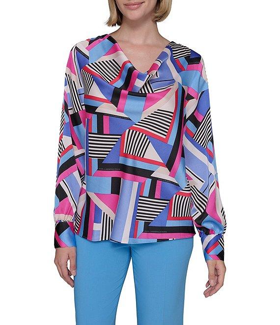 KARL LAGERFELD PARIS Woven Geometric Print Cowl Neck Long Sleeve Blouse Product Image