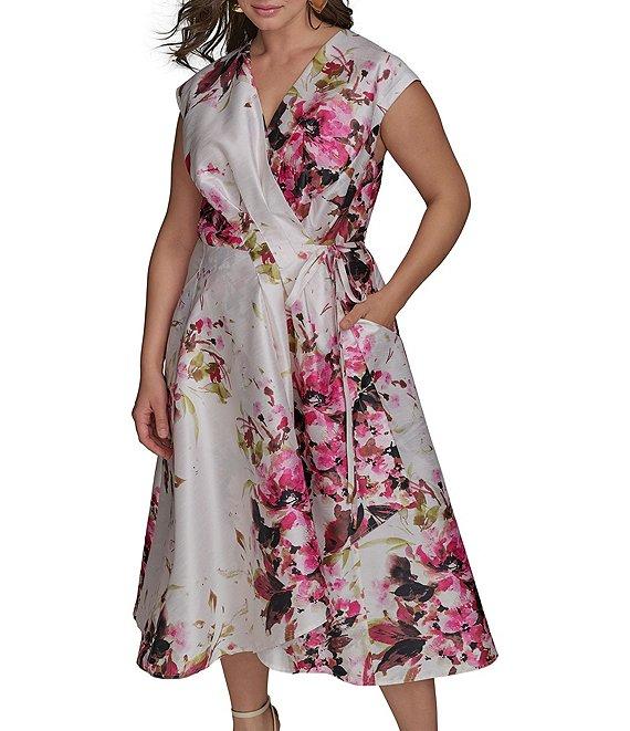 Donna Karan Plus Size Floral Dupioni V-Neck Cap Sleeve Tie Sash Midi Wrap Dress Product Image