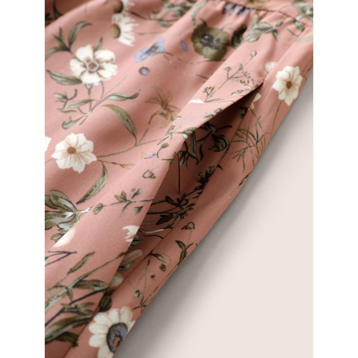 Plus Size Ditsy Floral Belted Lantern Sleeve Button Up Dress DustyPink Women Elegant Non V-neck Short sleeve Curvy Midi Dress BloomChic 22-24/3X Product Image