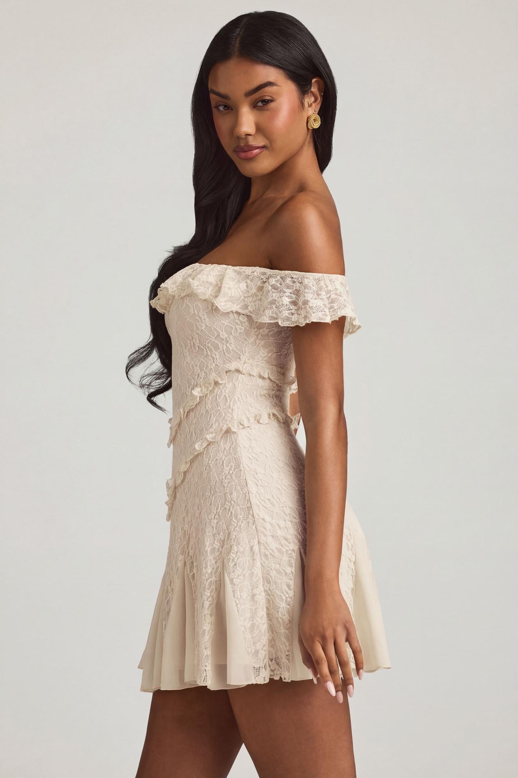 Off-Shoulder Lace A-Line Mini Dress in Ivory Product Image