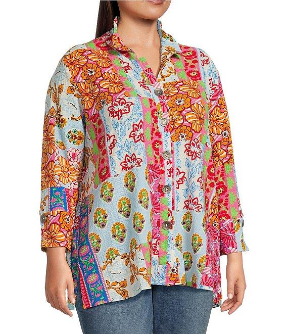 Calessa Plus Size Printed Ruffled Stand Collar Long Sleeve Button Front Tunic Product Image