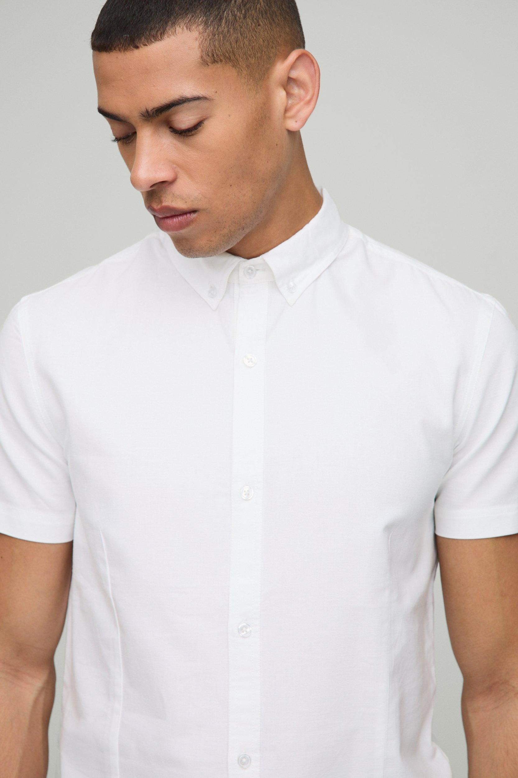 Slim Fit Button Down Collar Oxford Short Sleeve Shirt | boohooMAN USA Product Image