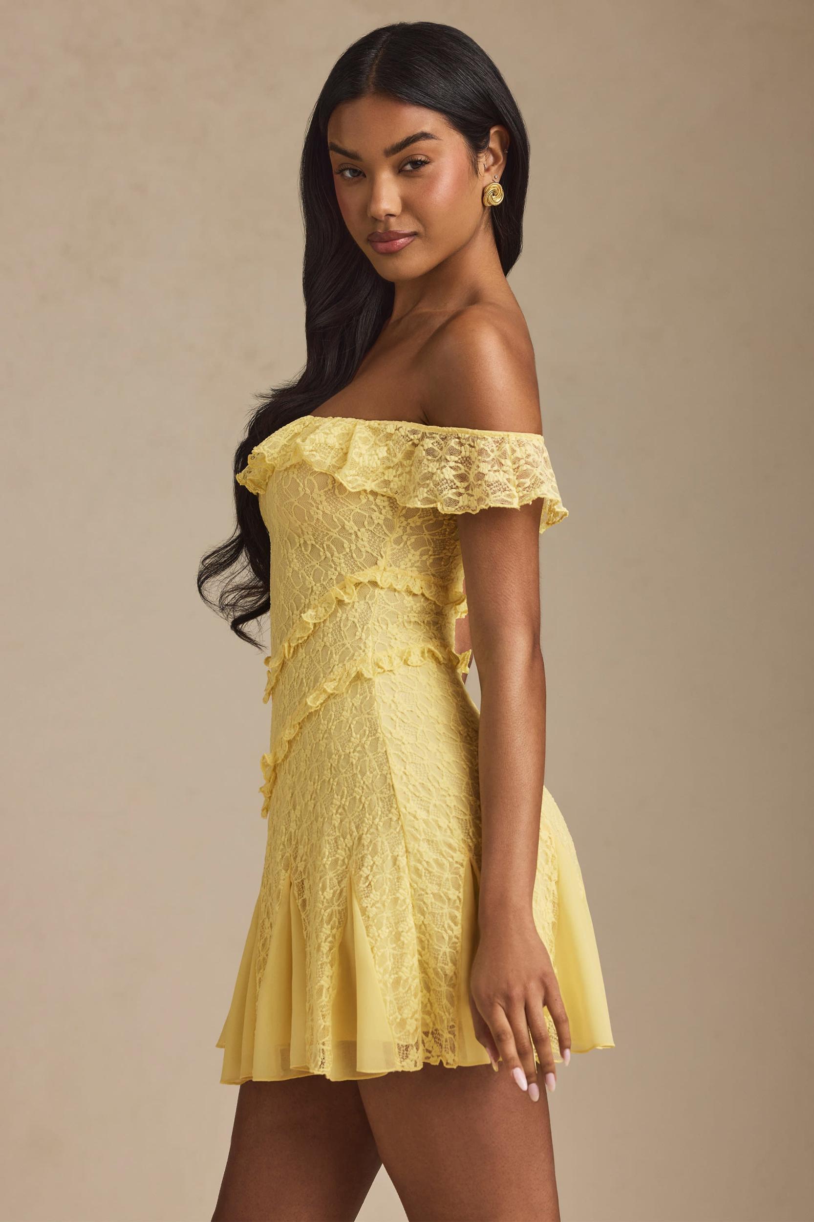 Off-Shoulder Lace A-Line Mini Dress in Pastel Yellow Product Image