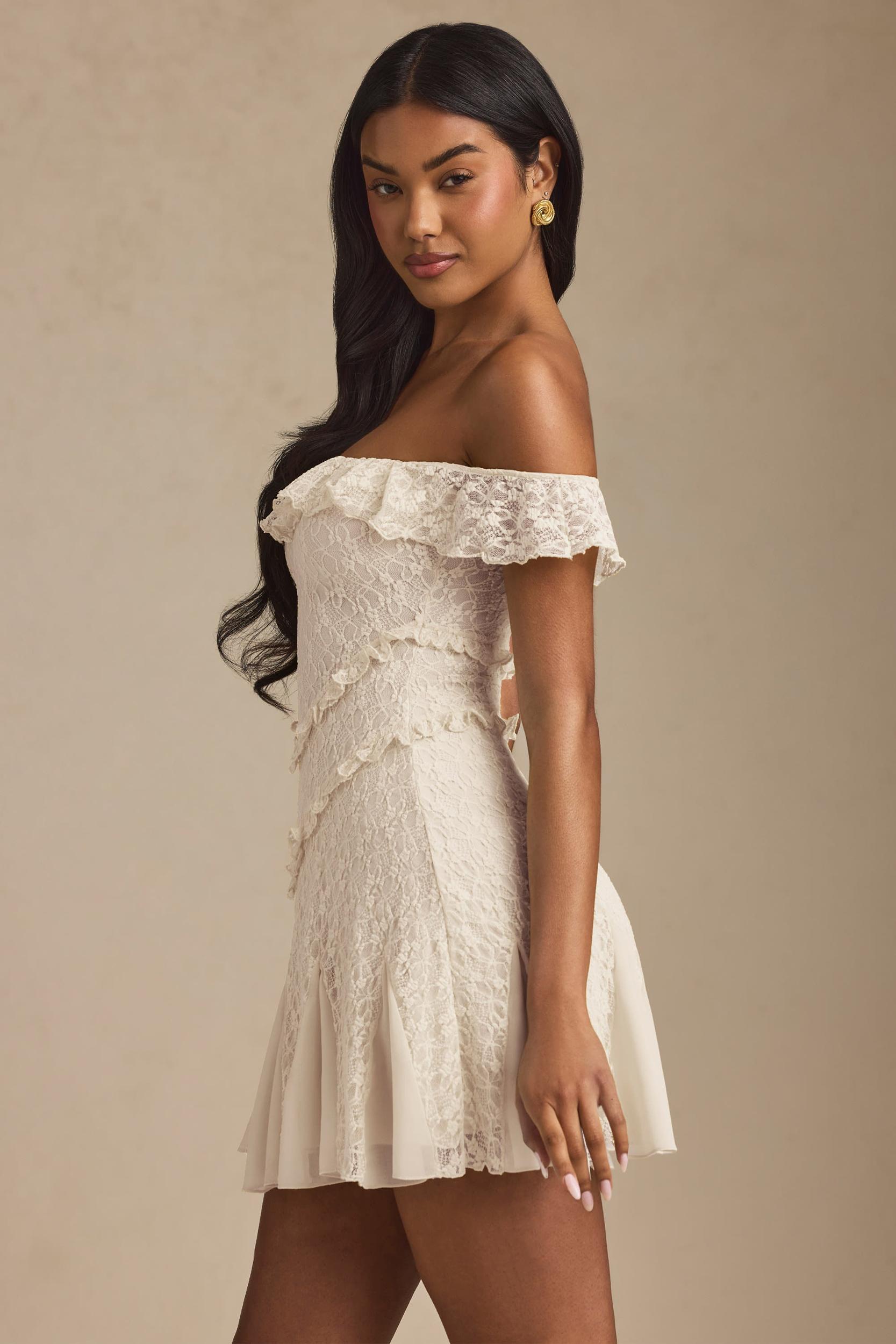 Off-Shoulder Lace A-Line Mini Dress in Ivory Product Image