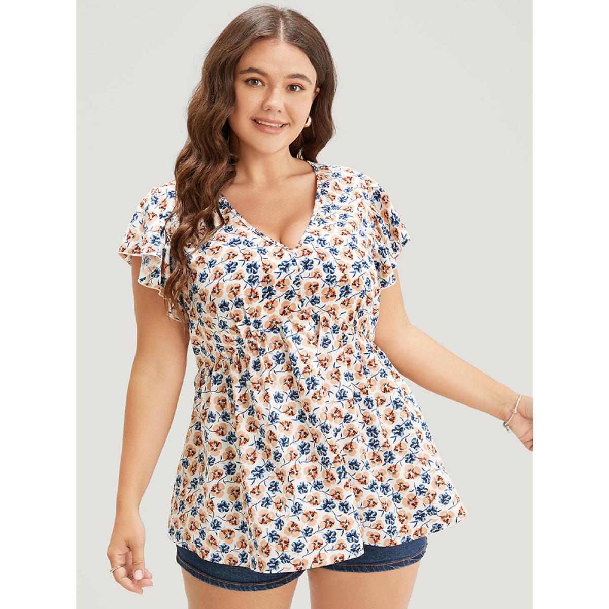 Plus Size White Ditsy Floral Cap Sleeve Ruffle Badydoll Blouse Women Elegant Cap Sleeve V-neck Dailywear Blouses BloomChic 22-24/3X Product Image