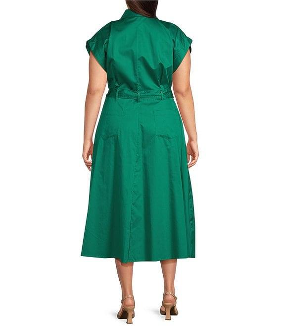 Donna Karan Plus Size Cotton Sateen Collared Neck Short Sleeve Tie Sash Belt Midi Shirt Dress Product Image