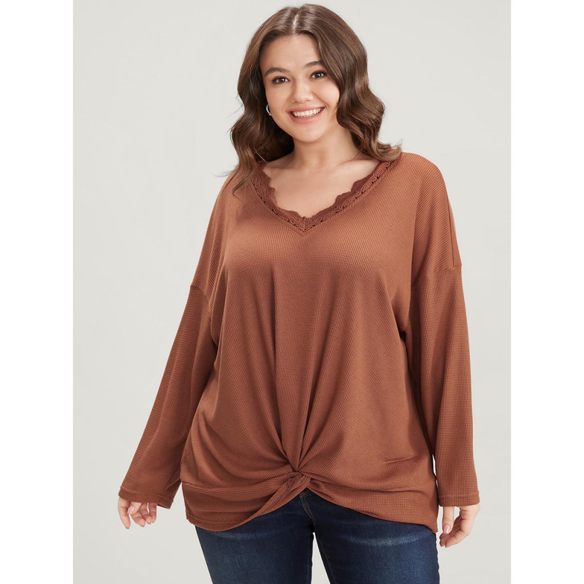 Plus Size Solid V Neck Lace Trim Twist Front Sweatshirt Women Rust Elegant Twist-front V-neck Dailywear Sweatshirts BloomChic 10/M Product Image
