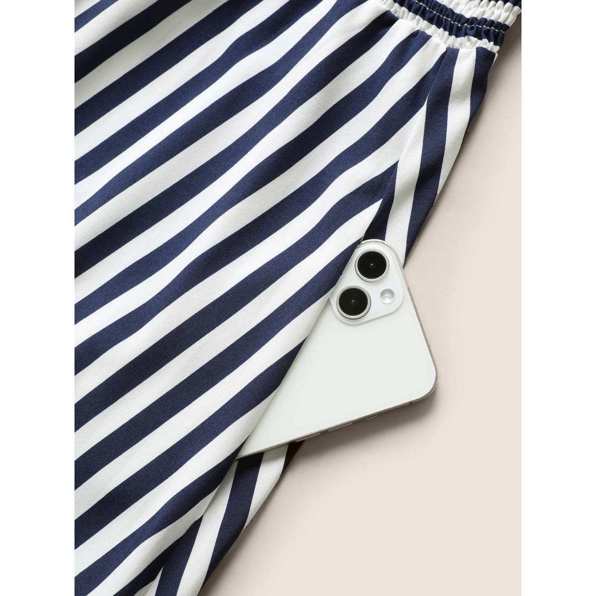 Plus Size Striped Shirred Dolman Sleeve Dress Navy Women At the Office V-neck Cap Sleeve Curvy BloomChic 22-24/3X Product Image