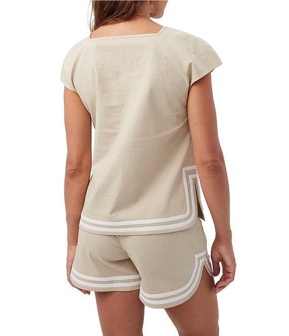 Trina Turk Valence Stretch Linen Blend Square Neck Cap Sleeve Button Front Top Product Image