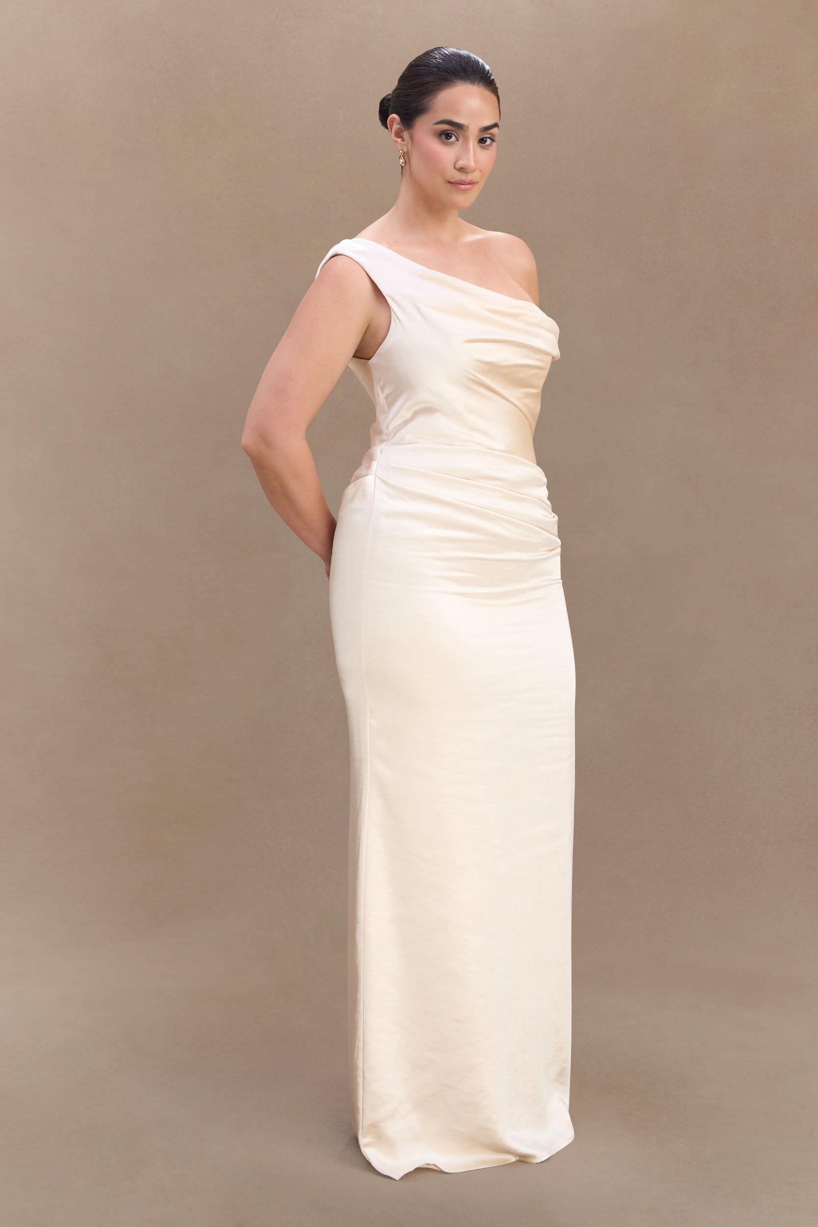 Dalia Off Shoulder Satin Maxi Dress - Blush Gold Product Image