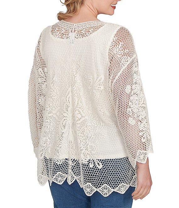 Ruby Rd. Plus Size Crochet Medallion Floral Pattern Scoop Neck 3/4 Wide Flared Sleeve Top Product Image