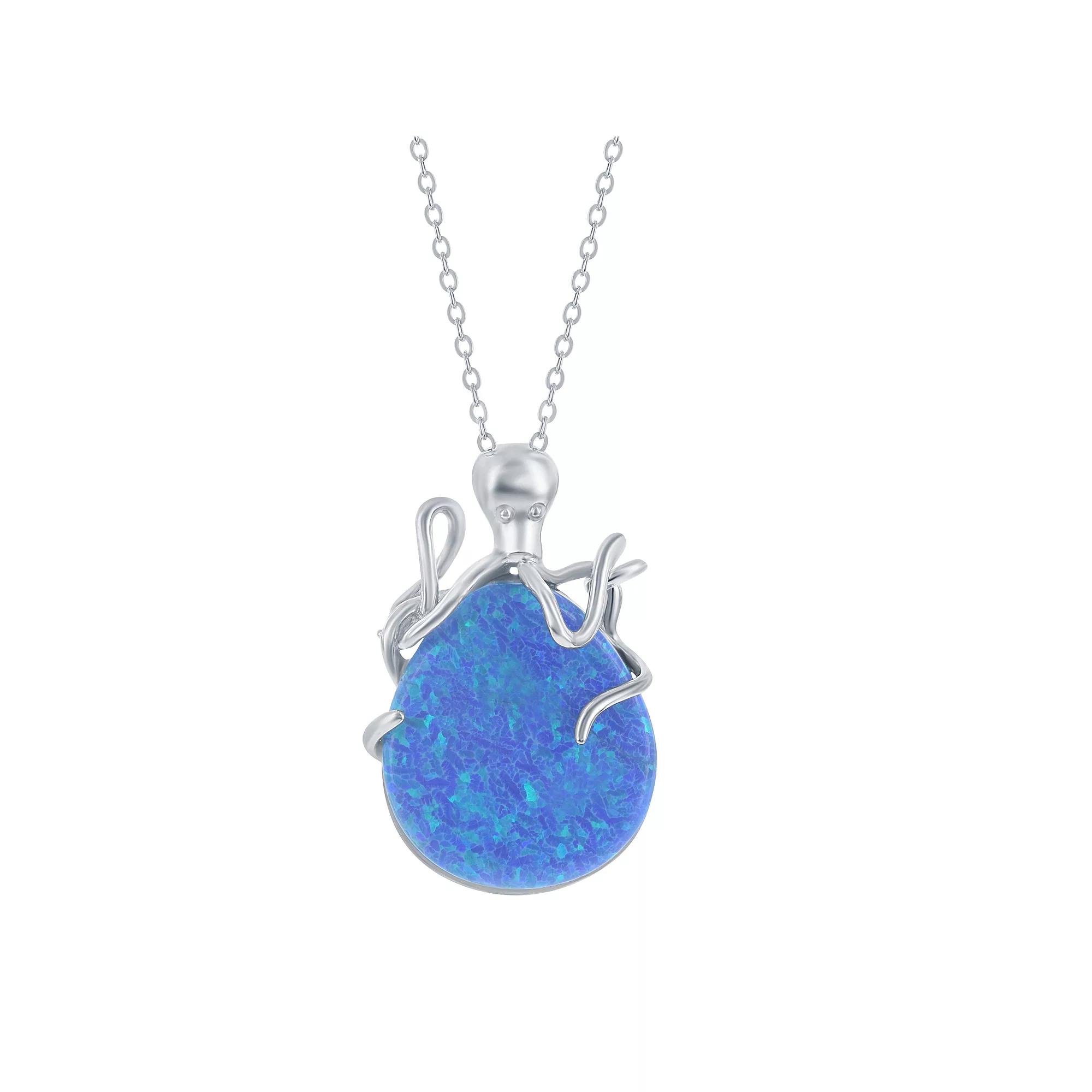 Sterling Silver Lab-Created Blue Opal Octopus Pendant Necklace, Women's, Size: 18" Product Image
