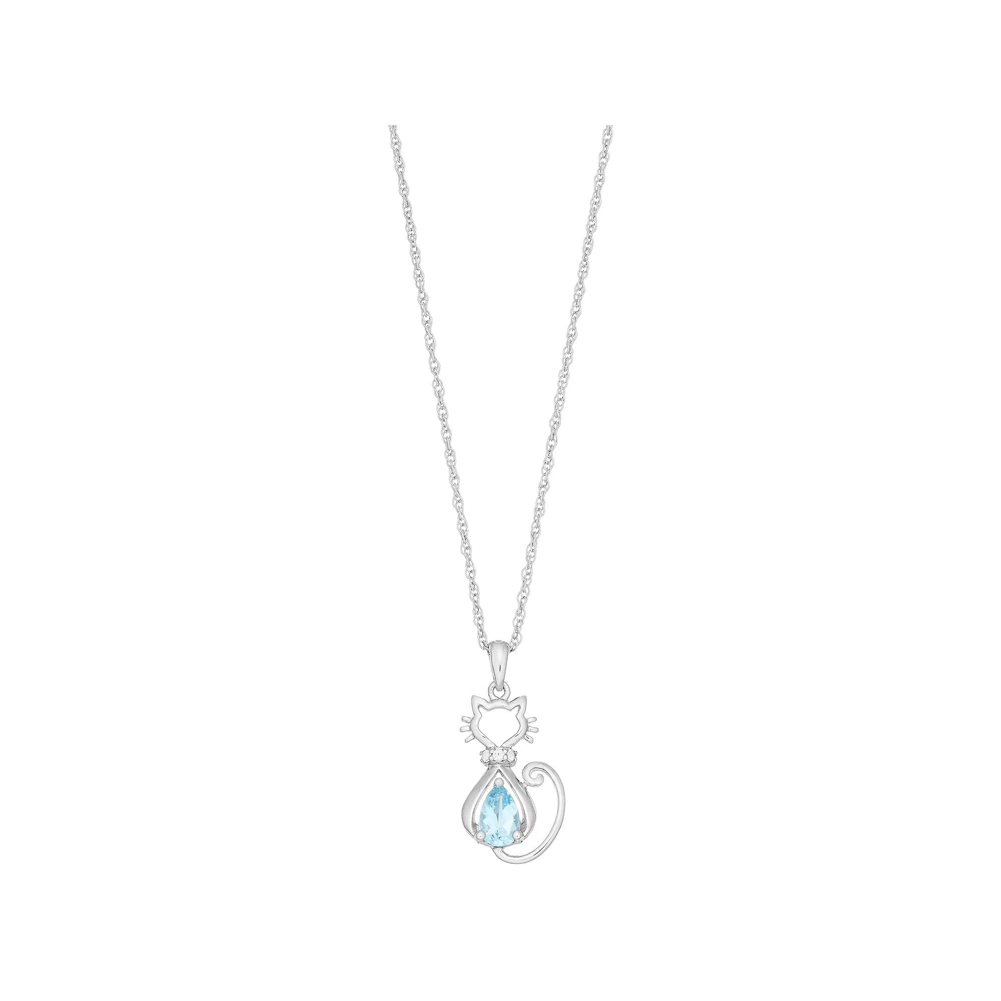 Sterling Silver Gemstone & Lab-Created White Sapphire Cat Pendant, Women's, Size: 18", Swiss Blue Topaz Product Image