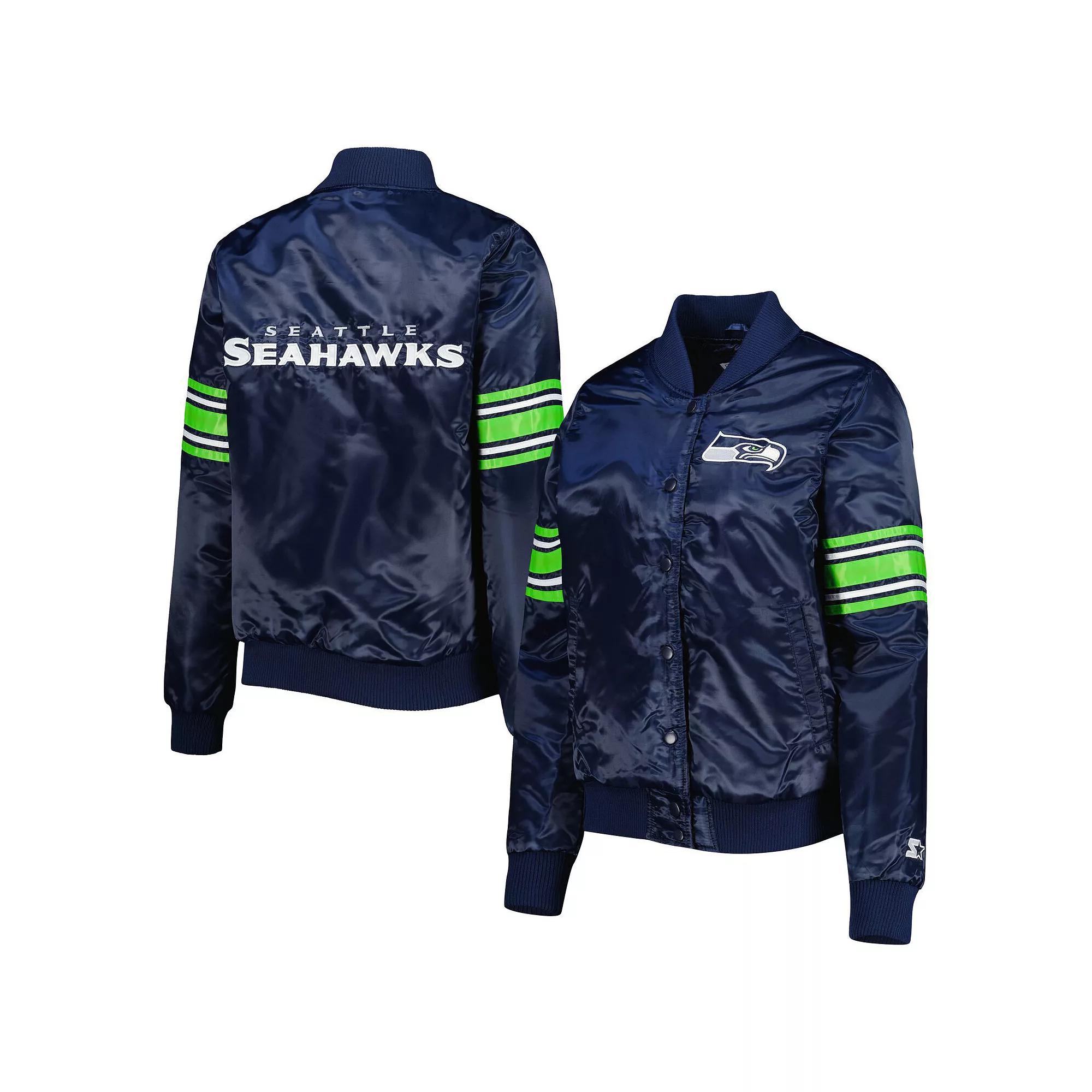 Women's Starter College Navy Seattle Seahawks Line Up Satin Full-Snap Varsity Jacket,  Product Image