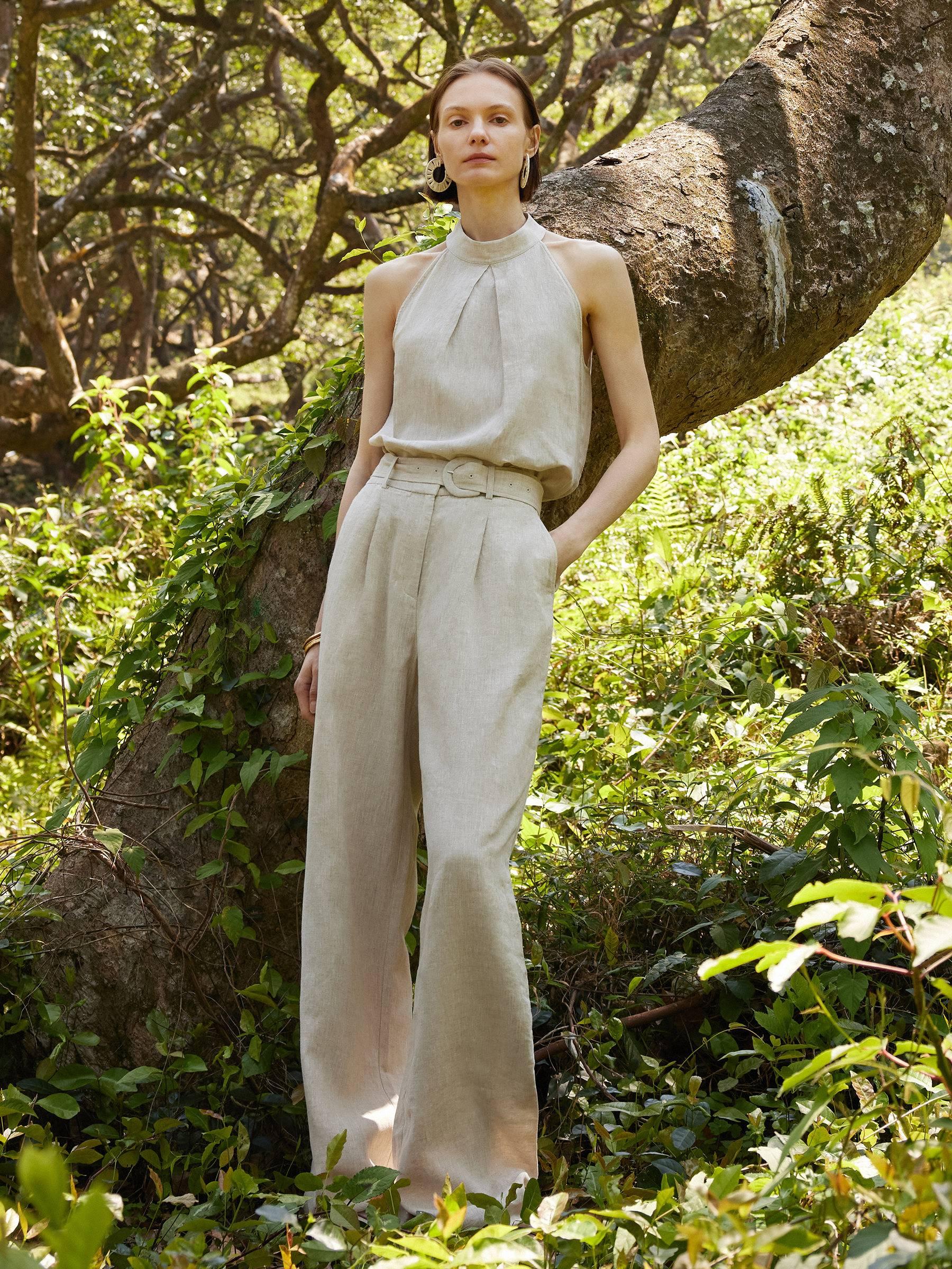 100% Linen Women Straight Leg Pants With Belt Product Image