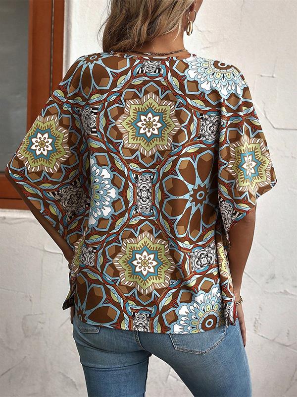 Batwing Sleeves Loose Buttoned Flower Print V-Neck Blouses&Shirts Tops Product Image