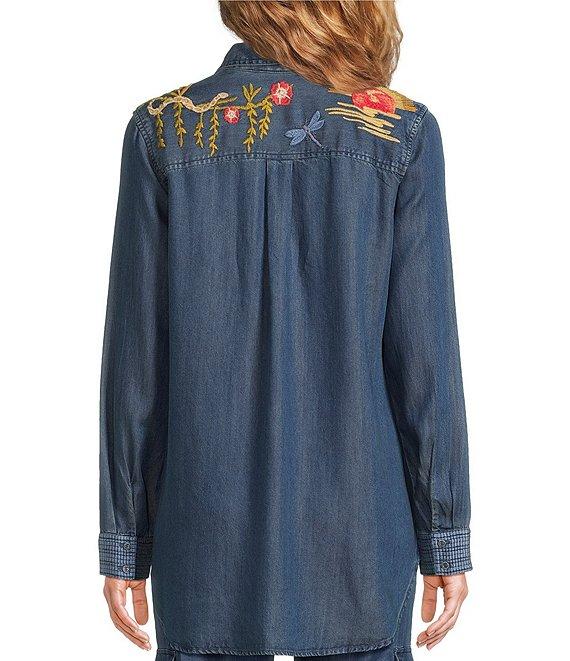 JOHNNY WAS Jane Lightweight Denim Placement Embroidery Point Collar Half-Zip Long Sleeve Shirt Tunic Product Image