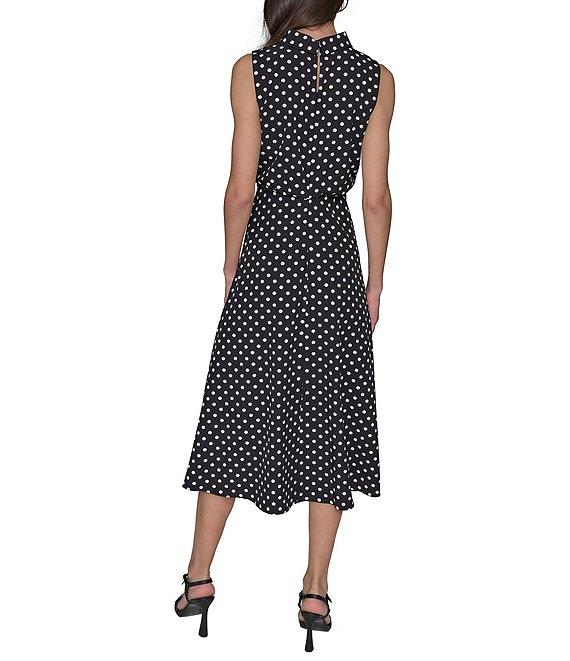 KARL LAGERFELD PARIS Crepe Dotted Print Mock Neck Sleeveless Midi Dress Product Image