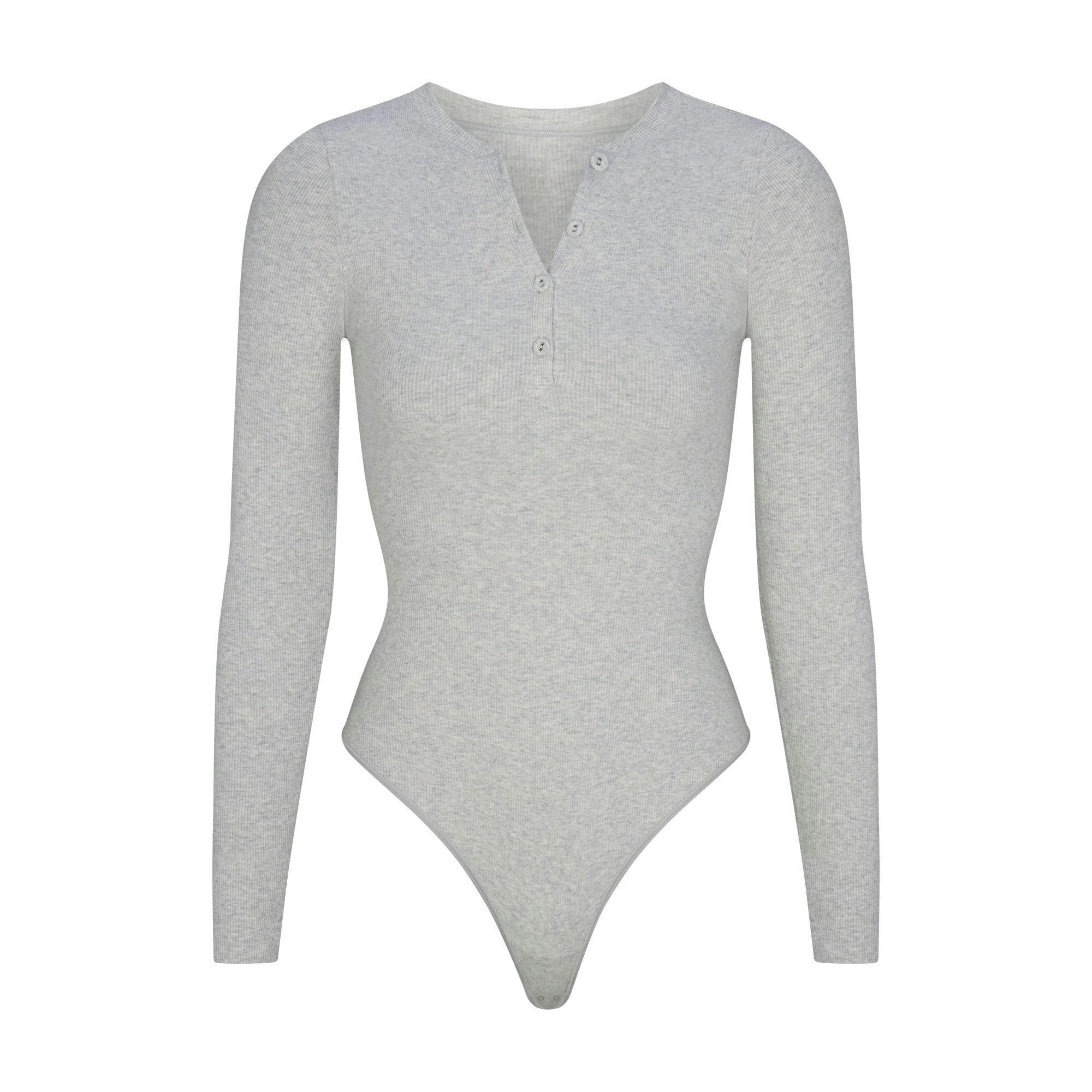 COTTON RIB LONG SLEEVE HENLEY BODYSUIT | LIGHT HEATHER GREY Product Image