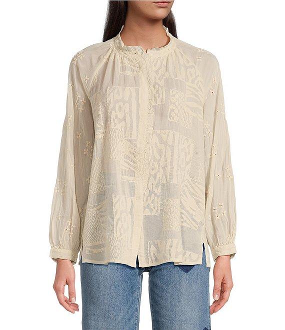 JOHNNY WAS Molli Monotone Embroidered Cupro Ruffle Trim Band Collar Long Sleeve Blouse Product Image