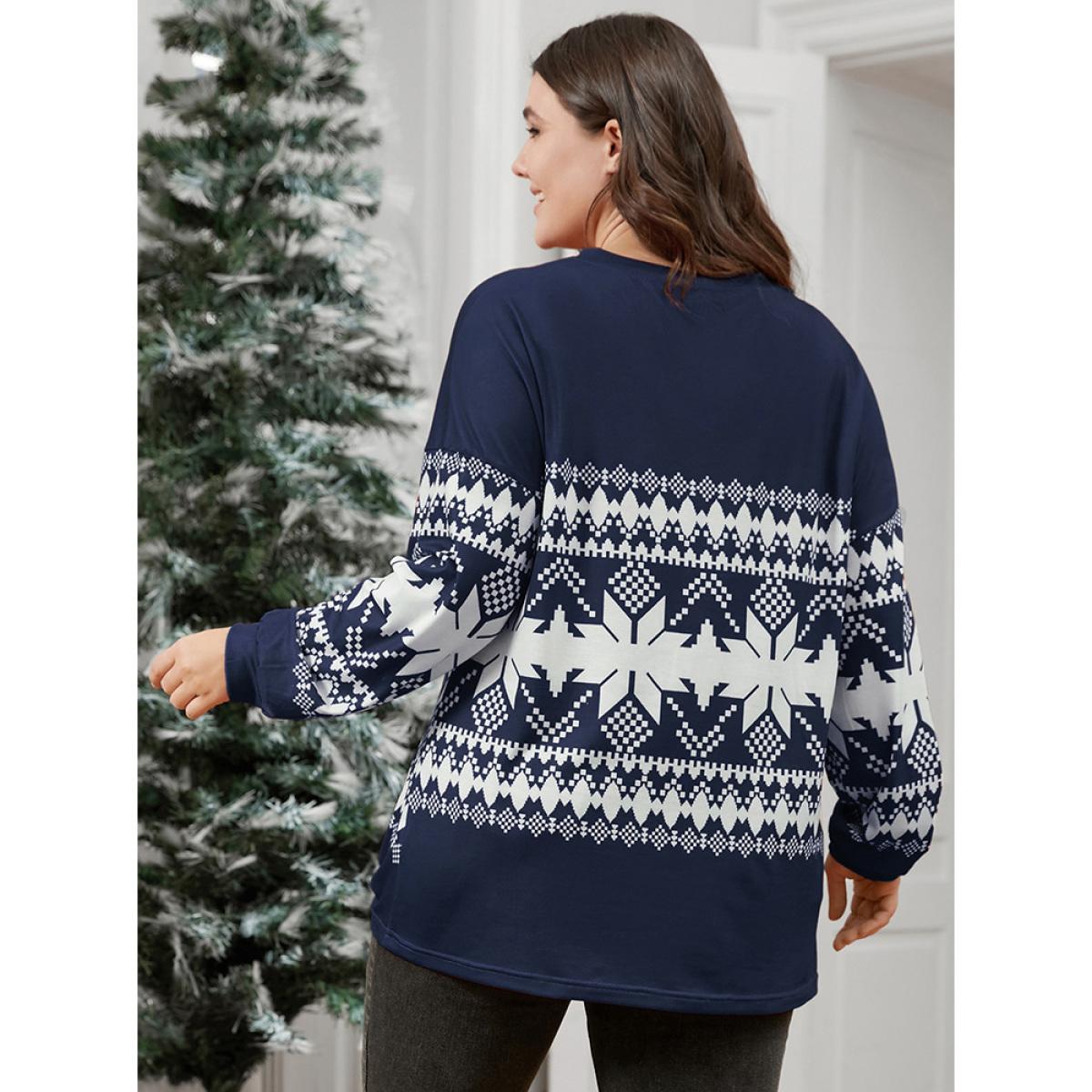 Plus Size Snowflake Print Twist Front Sweatshirt Women DarkBlue Elegant Printed V-neck Dailywear Sweatshirts BloomChic 18-20/2X Product Image