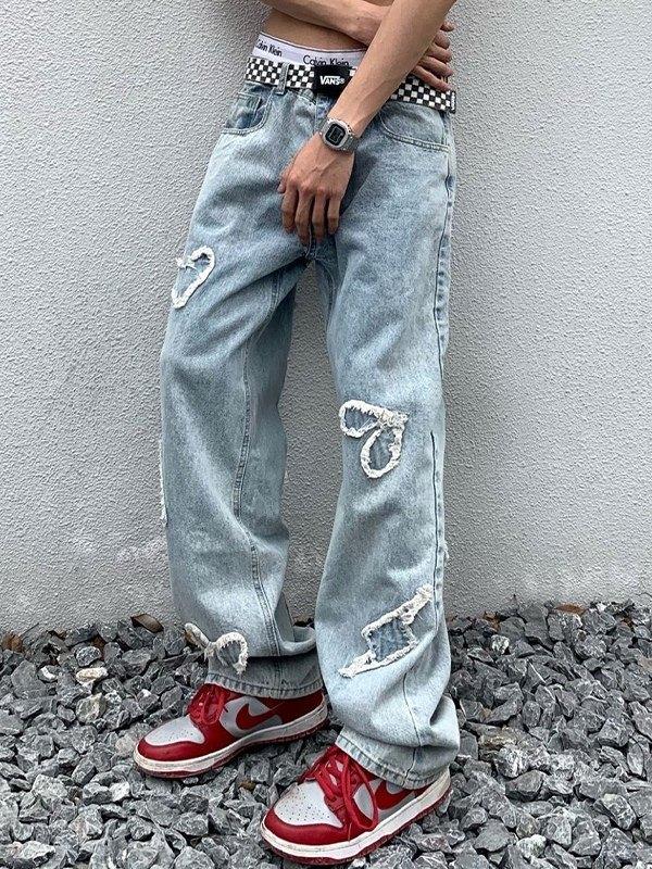 Men's Heart Patch Light Wash Loose Jeans Product Image