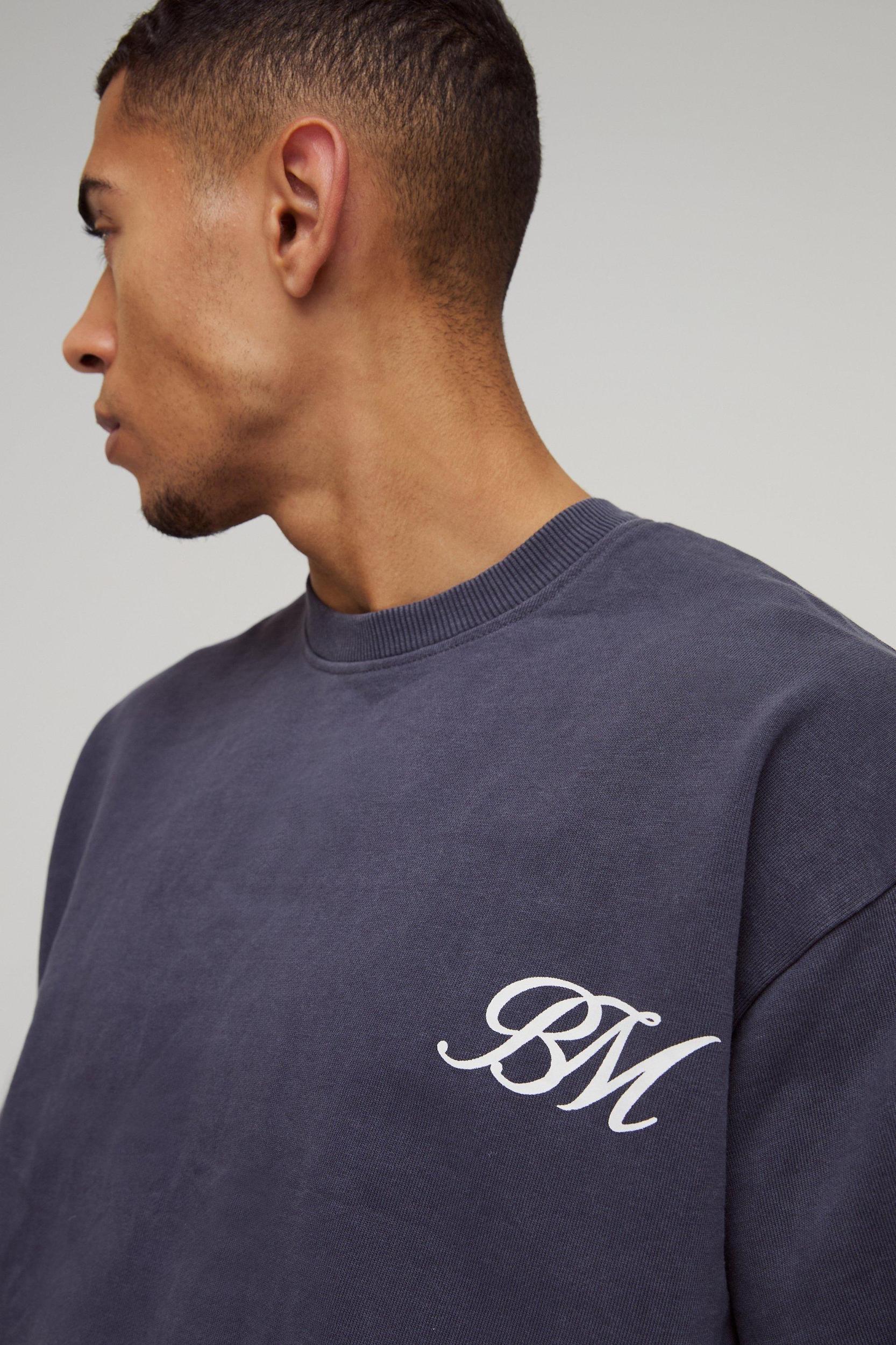 Oversized Boxy Washed BM Logo Distressed Sweatshirt | boohooMAN USA Product Image