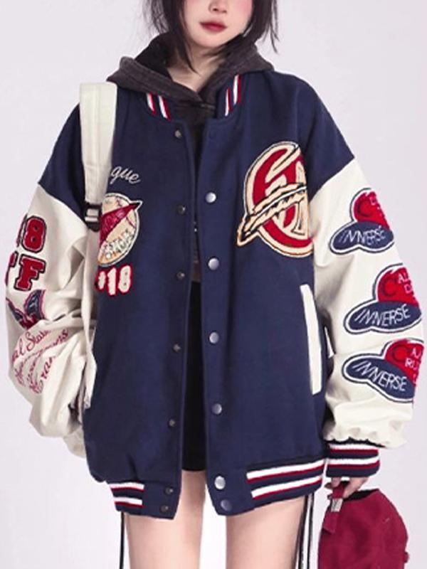 Contrast Color Flocking Print Varsity Jacket Product Image