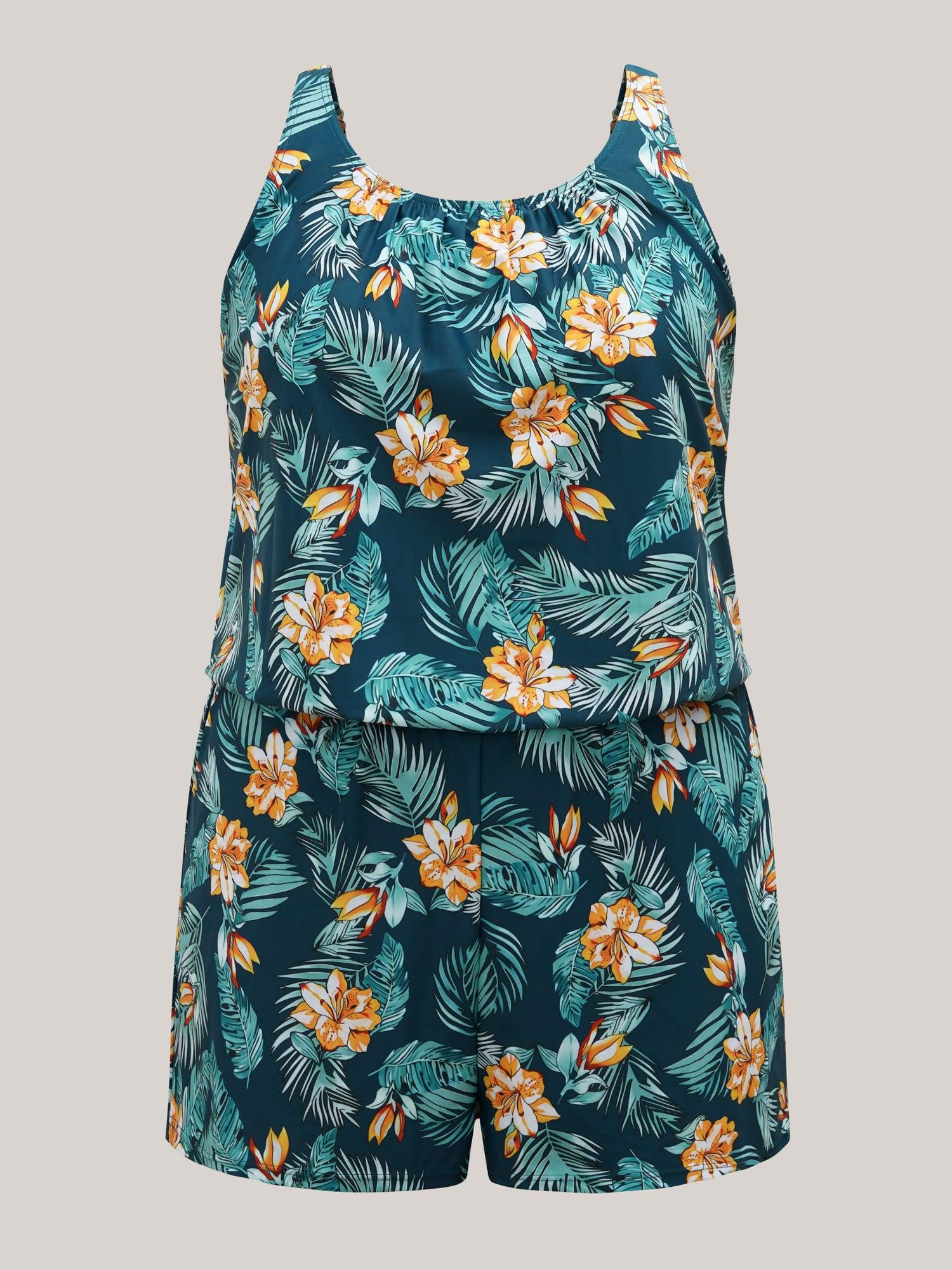 Tropical Flower Print Pockets One-Piece Swimsuit Female Product Image