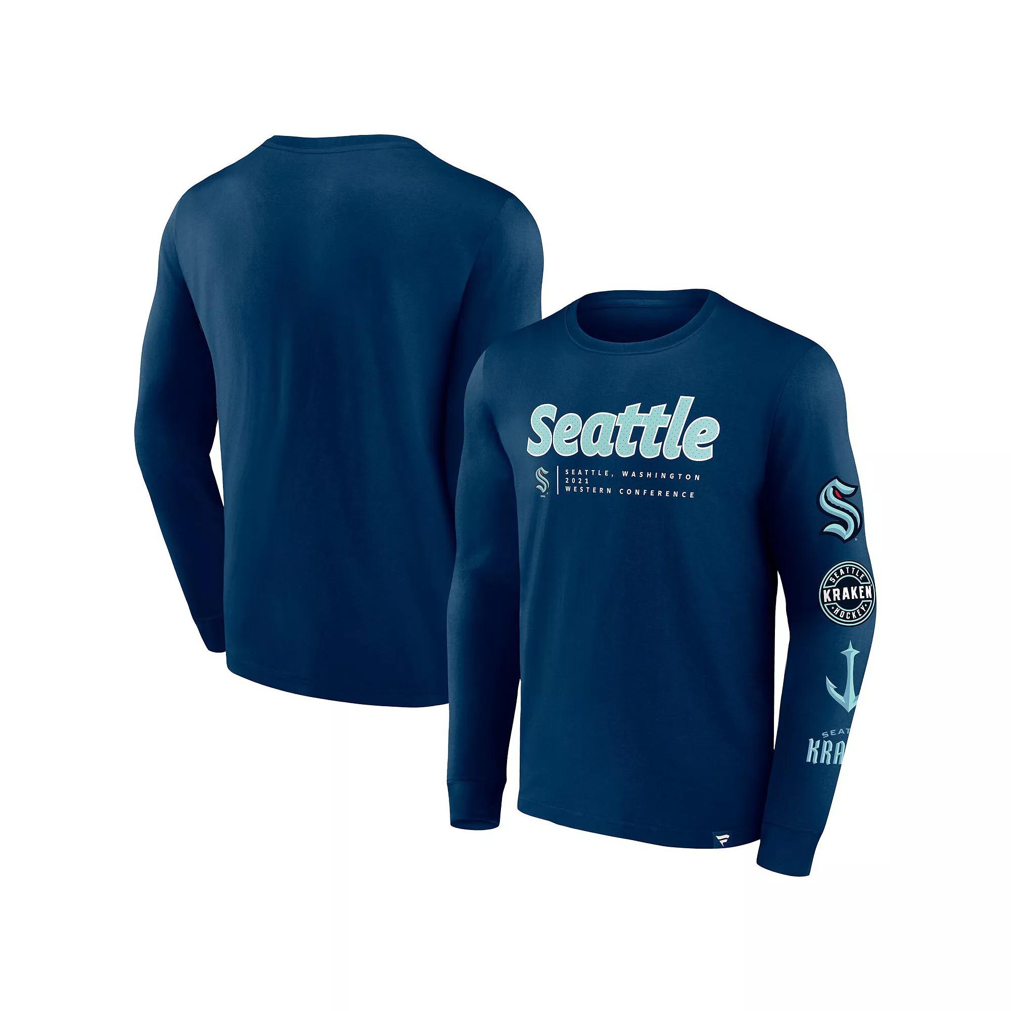 Men's Fanatics Branded Deep Sea Blue Seattle Kraken Strike the Goal Long Sleeve T-Shirt,  Product Image