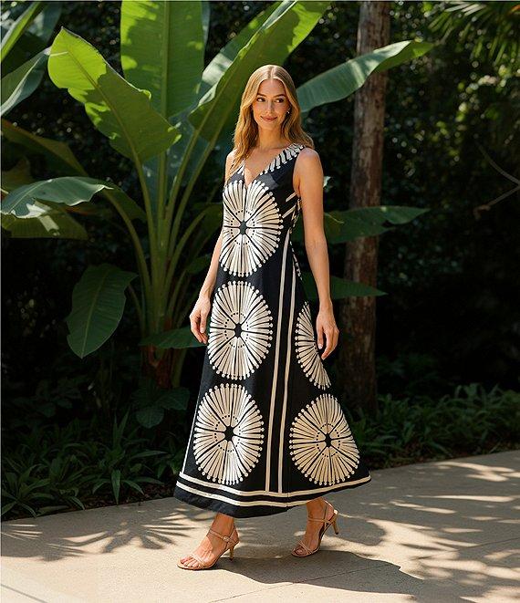 Gibson & Latimer Woven Fan Print V-Neck Sleeveless A-Line Flounce Maxi Dress Product Image