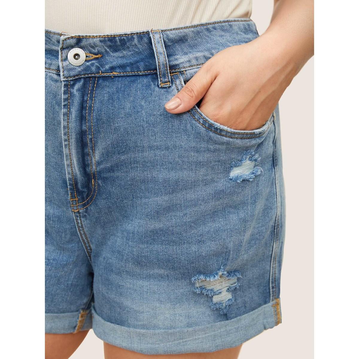 Plus Size Skinny Very Stretchy Light Wash Roll Hem Distressed Denim Shorts Women Blue High stretch Everyday Slanted pocket Casual Denim Shorts BloomChic 12/L Product Image