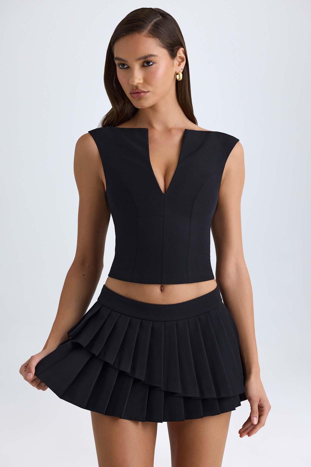 Layered Pleated Low-Rise Mini Skirt in Black Product Image