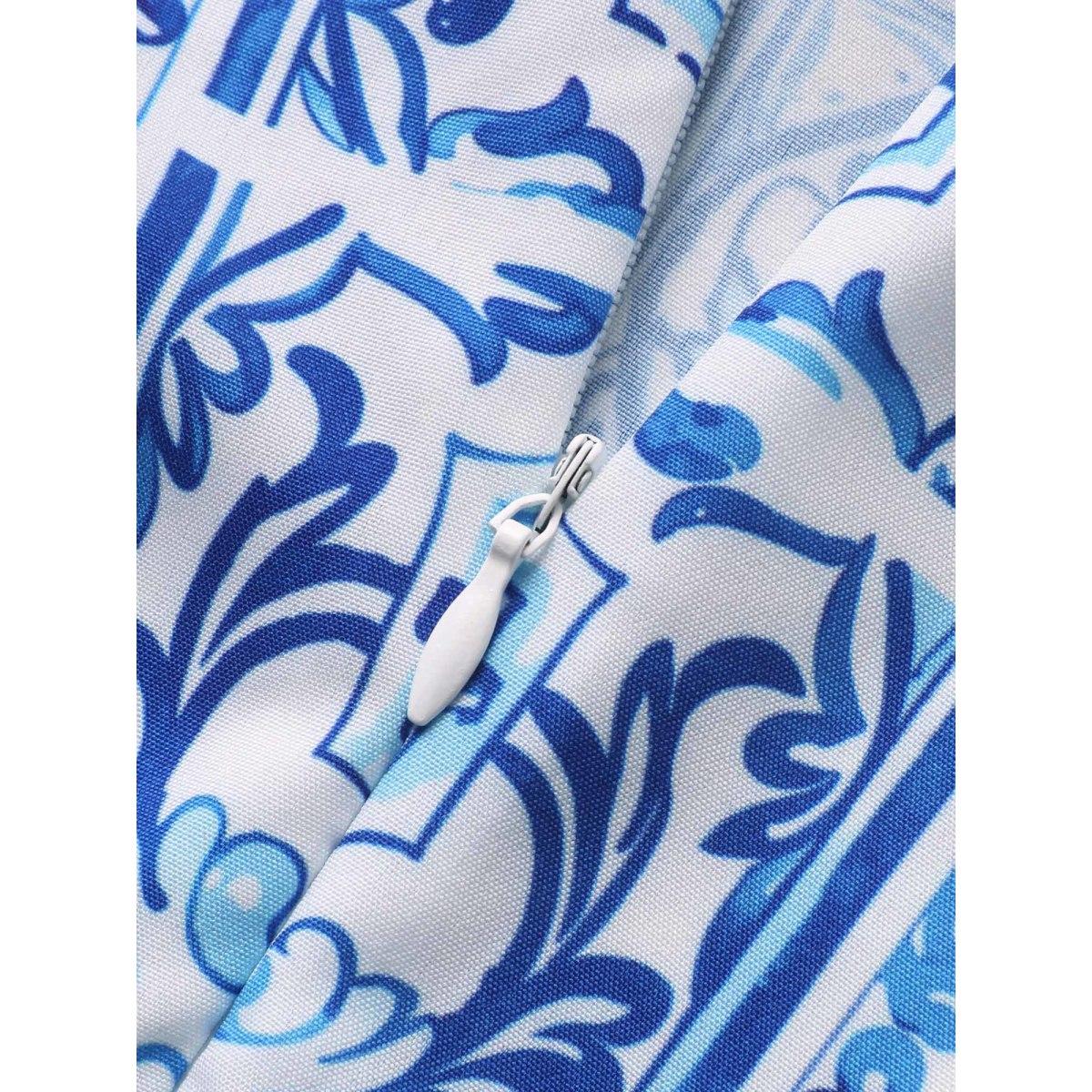 Plus Size Boho Print Square Neck Plicated Detail Midi Dress Mediumblue Women Elegant Pleated Square Neck Sleeveless Curvy BloomChic 12/L Product Image