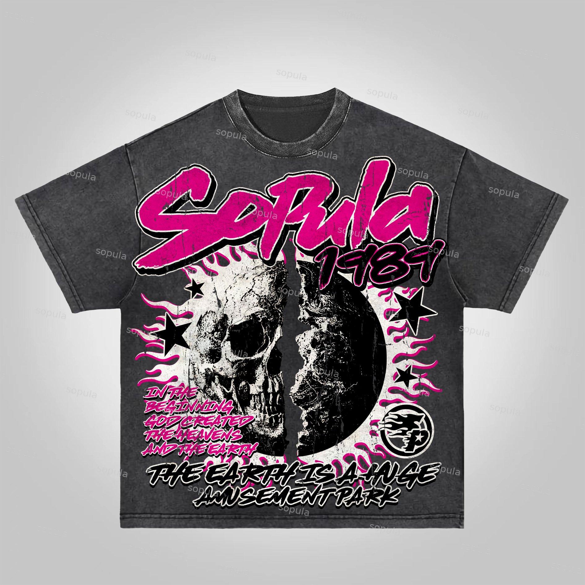 Sopula Studio Flame Skeleton Earth Print Washed T-Shirt Product Image