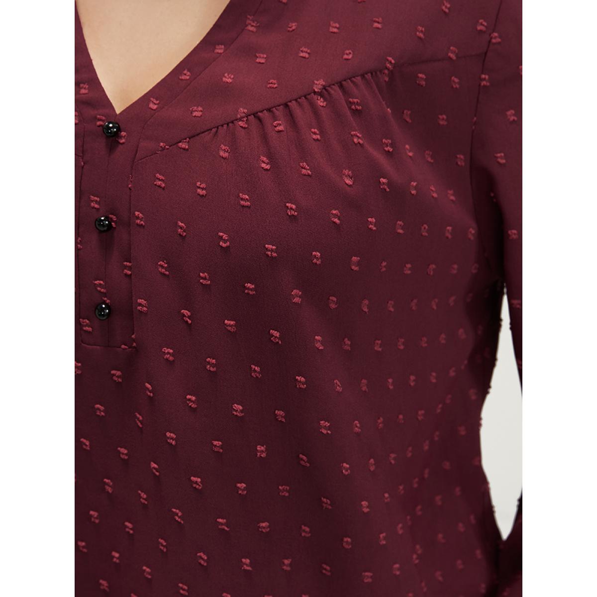 Plus Size Burgundy Polka Dot Button Detail Lantern Sleeve Arc Hem Blouse Women Office Long Sleeve V-neck Work Blouses BloomChic 10/M Product Image