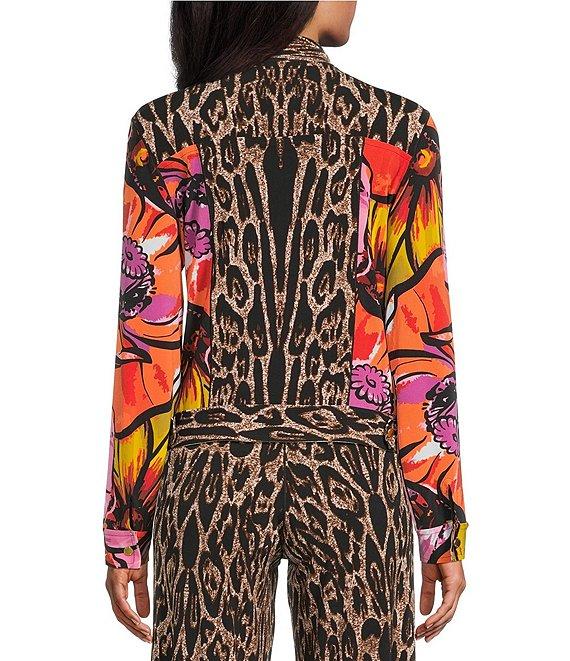 Eva Varro Coordinating Abstract Animal Floral Print Notch Collar Long Sleeve Short Jean Jacket Product Image