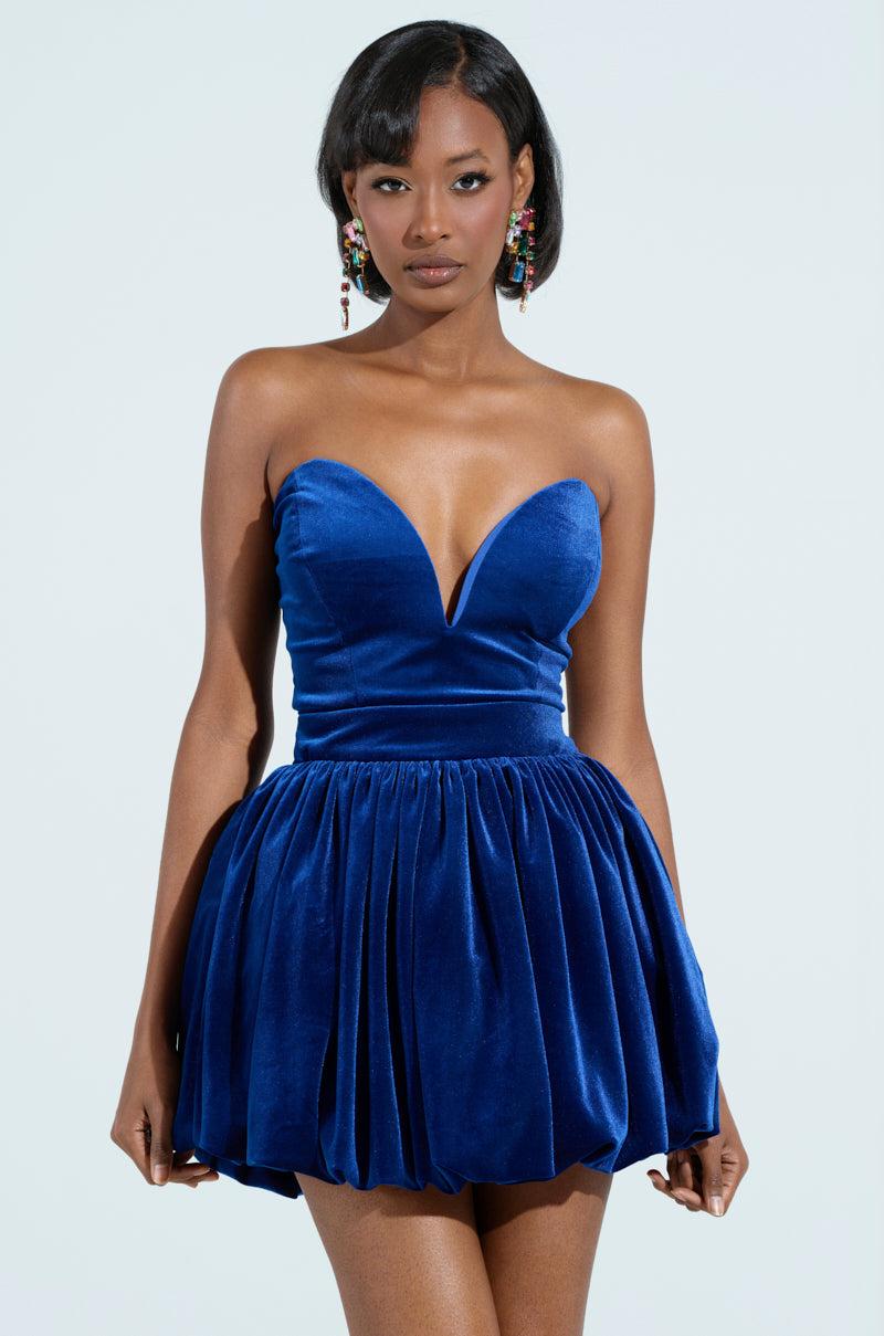 FEEL SOMETHING VELVET MINI DRESS IN BLUE Product Image