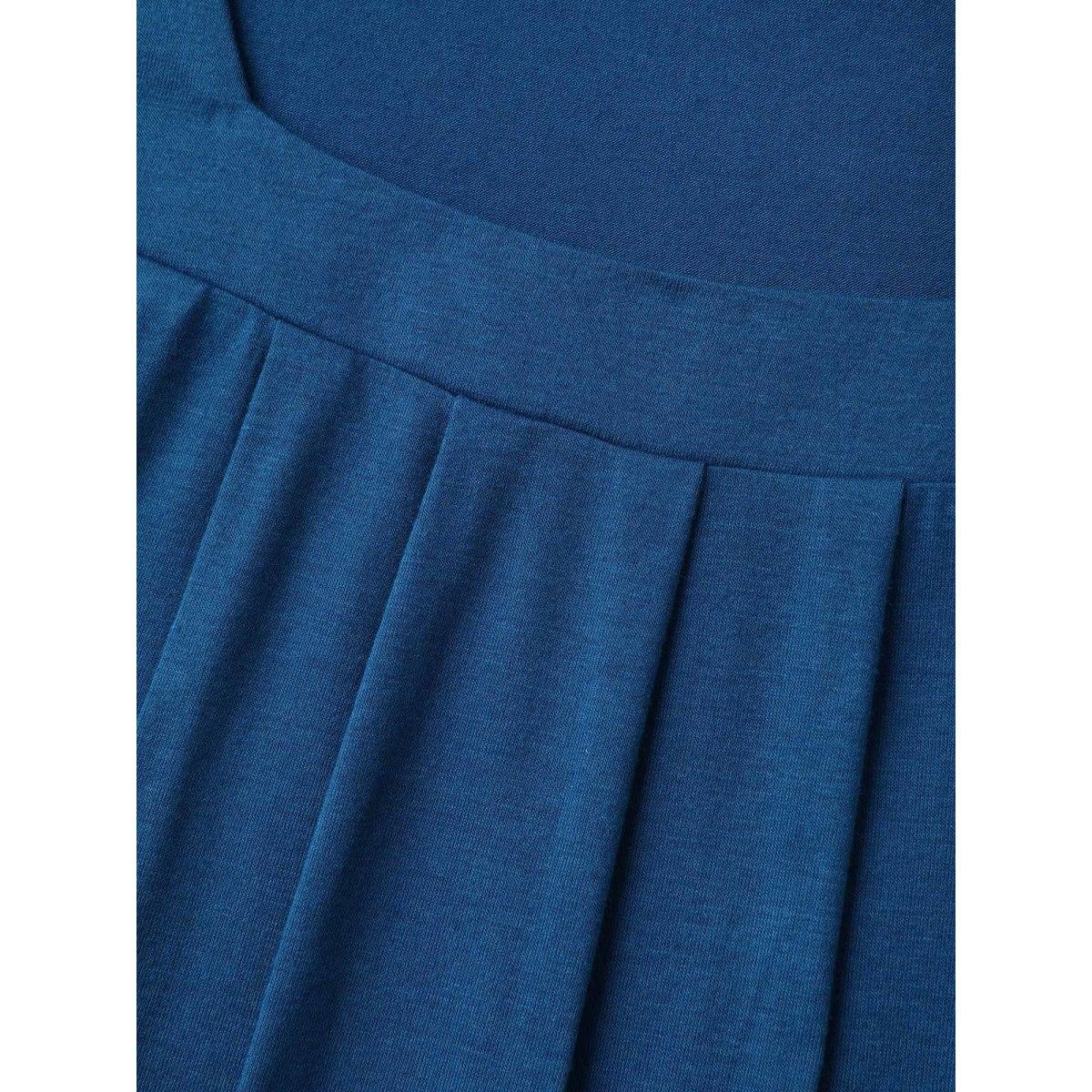 Plus Size Leafy Printed Hem Pleated Sleeveless Top Women Mediumblue Resort Pleated Square Neck Vacation Tank Tops Camis BloomChic 12/L Product Image