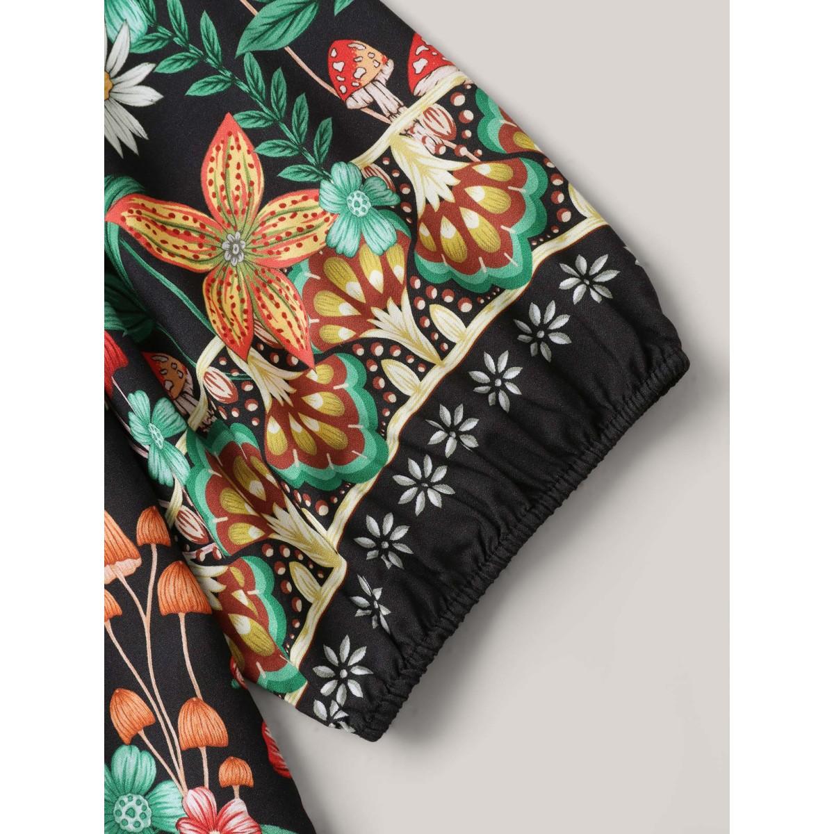 Plus Size Black Colorful Floral Pleated Tassel Blouse Women Elbow-length sleeve Flat collar with V-notch Everyday-Elegant Blouses BloomChic 28/5X Product Image