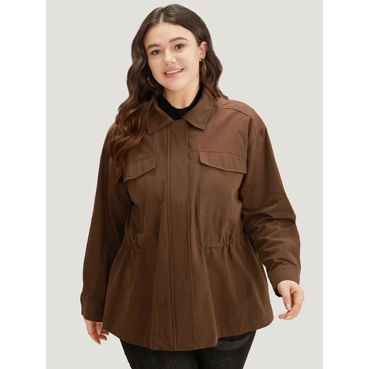 Plus Size Plain Flap Pocket Gathered Coat Women Maroon Casual Gathered Ladies Dailywear Winter Coats BloomChic 28/5X Product Image