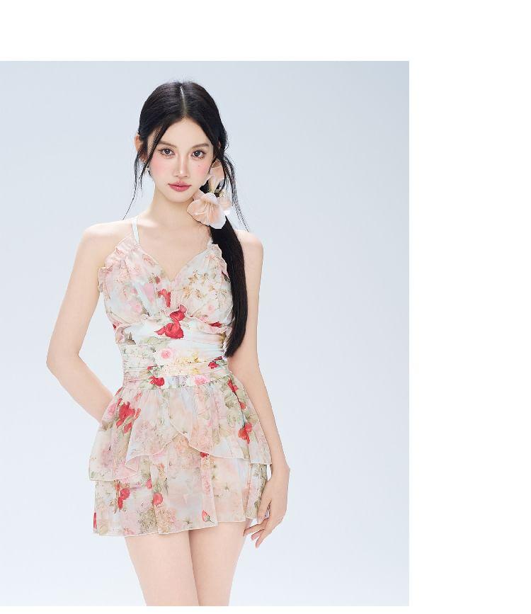 Spaghetti Strap Floral Print Swim Dress Product Image
